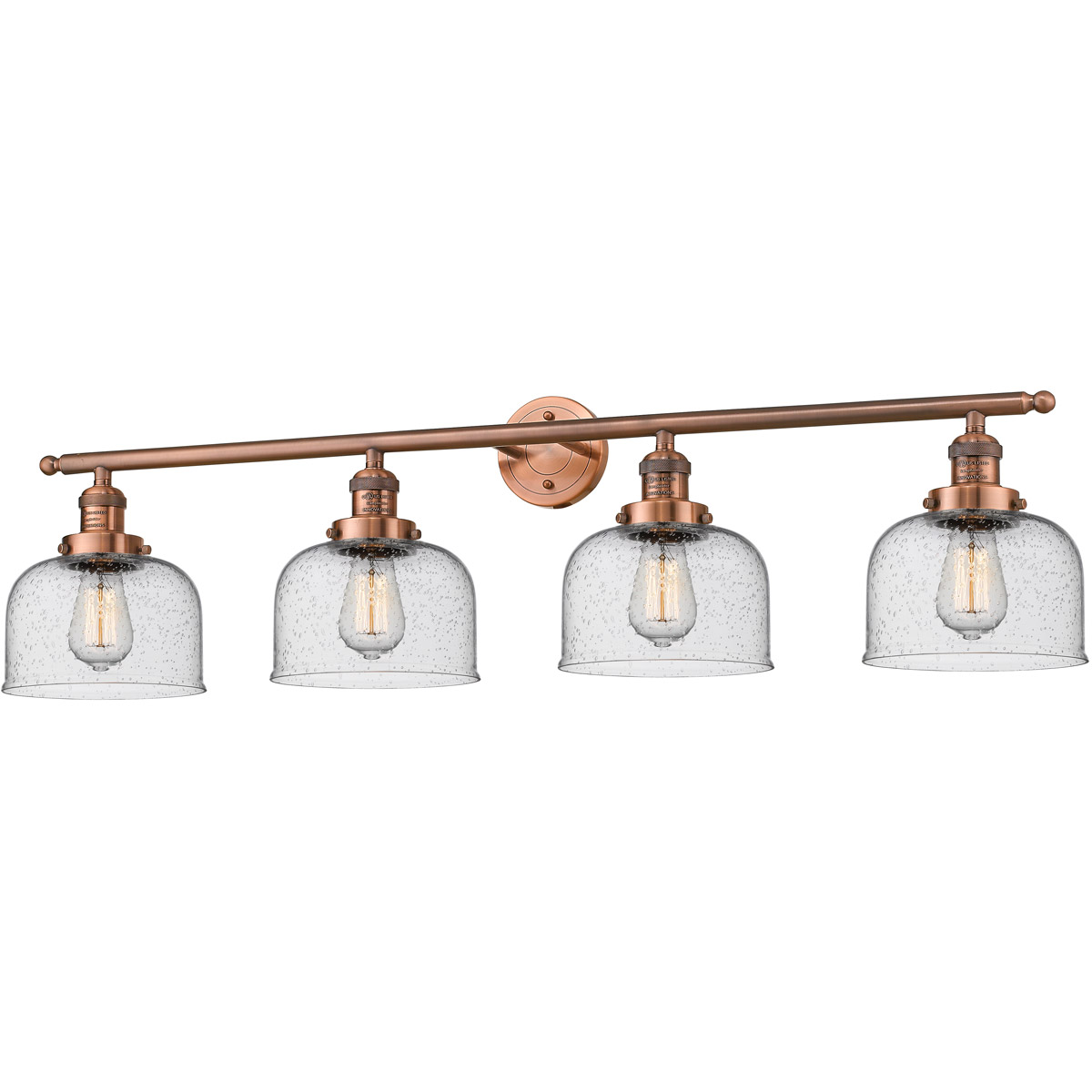 Innovations Lighting 215-AC-G74 Franklin Restoration Large Bell 4 Light 44 inch Antique Copper Bath Vanity Light Wall Light in Seedy Glass, Franklin R