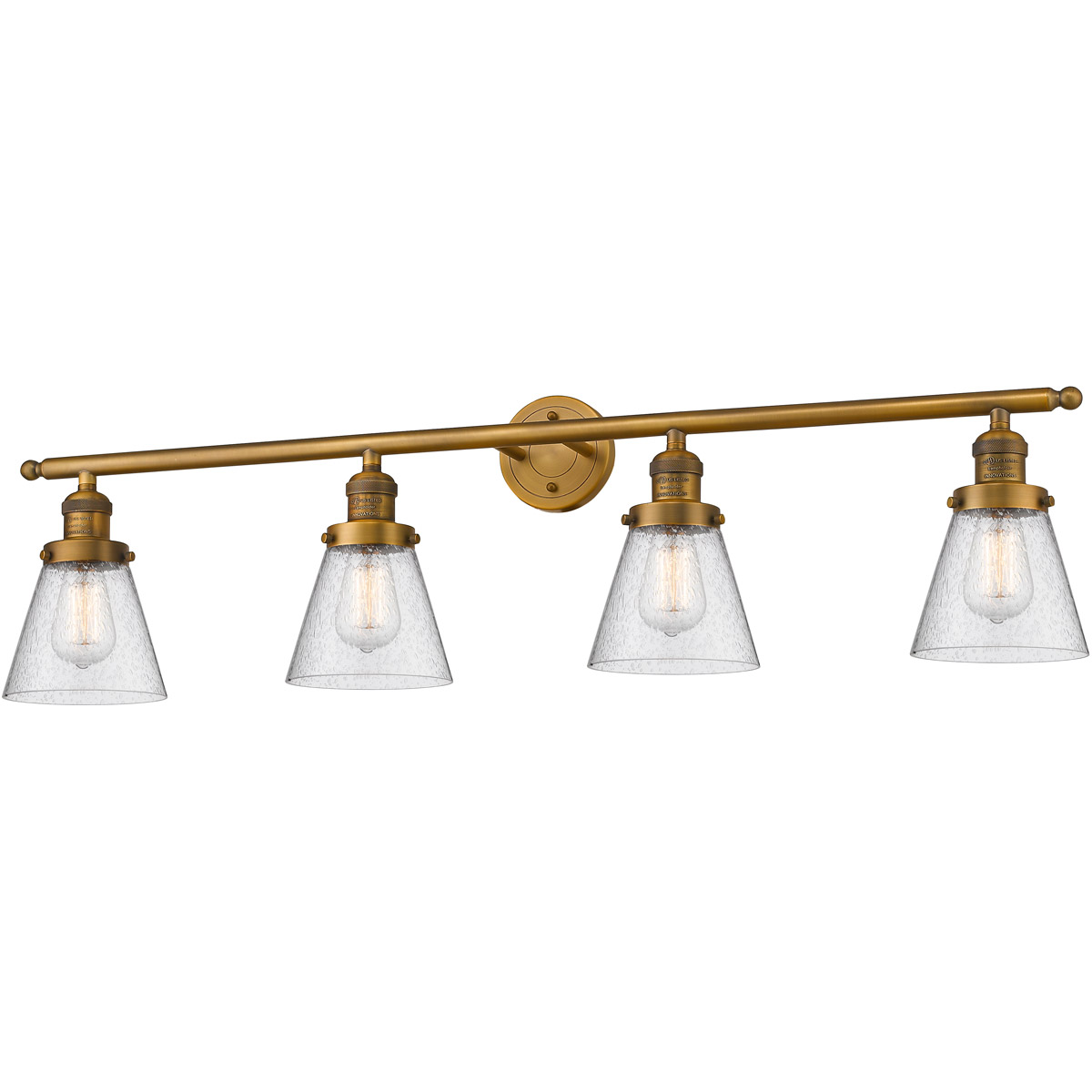 Innovations Lighting 215-BB-G64 Franklin Restoration Small Cone 4 Light 42 inch Brushed Brass Bath Vanity Light Wall Light in Seedy Glass, Franklin Re