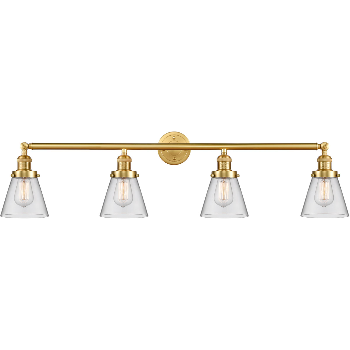 Innovations Lighting 215-SG-G62 Franklin Restoration Small Cone 4 Light 42 inch Satin Gold Bath Vanity Light Wall Light in Clear Glass, Franklin Resto