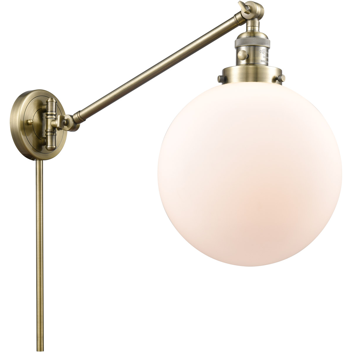 Innovations Lighting 237-AB-G201-10-LED X-Large Beacon 18 inch 100 watt Antique Brass Swing Arm Wall Light in Matte White Glass, Franklin Restoration