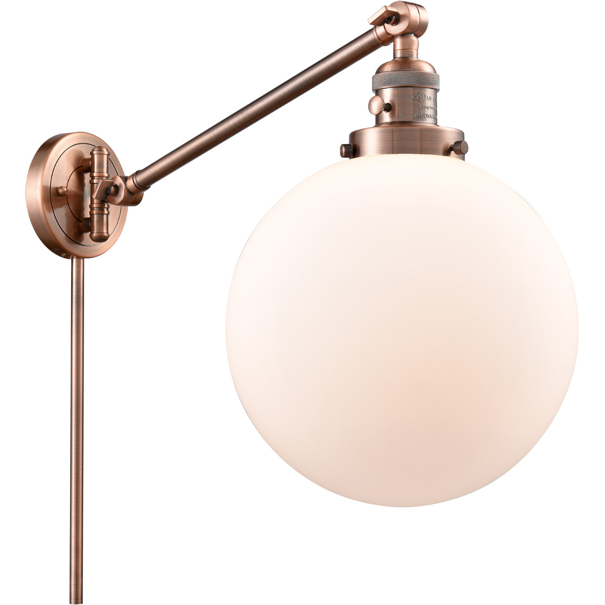 Innovations Lighting 237-AC-G201-10-LED X-Large Beacon 18 inch 3.5 watt Antique Copper Swing Arm Wall Light in Matte White Glass, Franklin Restoration