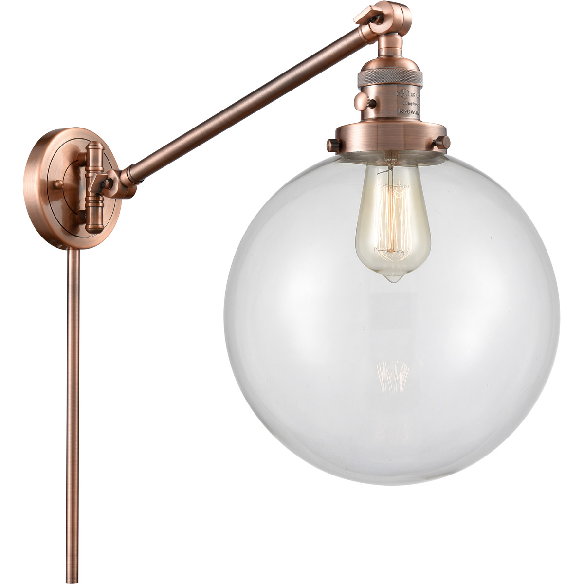 Innovations Lighting 237-AC-G202-10-LED X-Large Beacon 18 inch 3.5 watt Antique Copper Swing Arm Wall Light in Clear Glass, Franklin Restoration