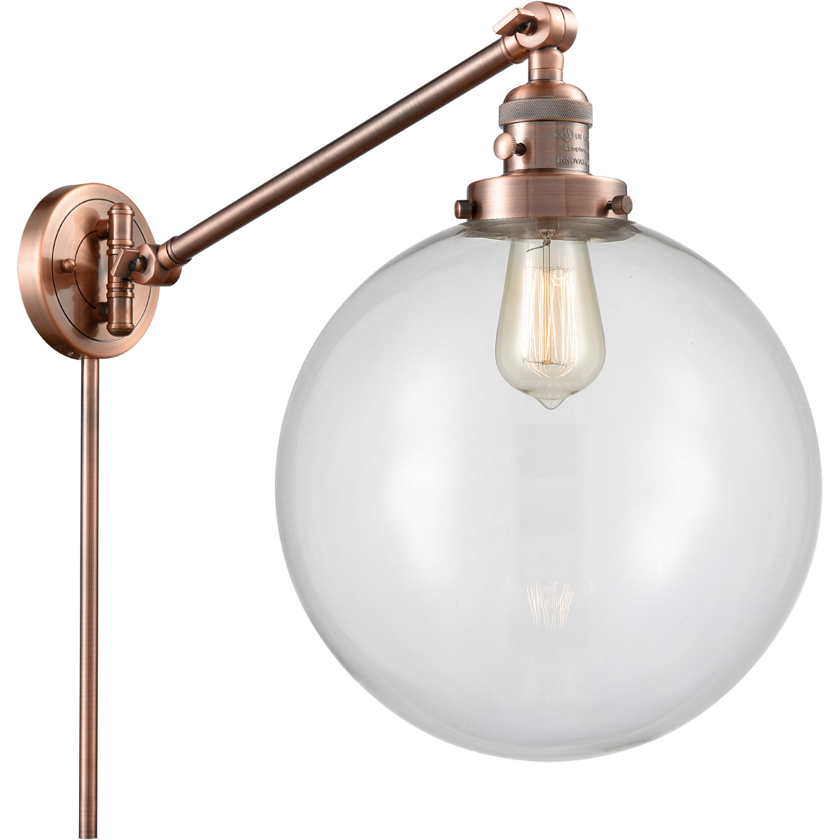 Innovations Lighting 237-AC-G202-12-LED XX-Large Beacon 20 inch 100 watt Antique Copper Swing Arm Wall Light in Clear Glass, Franklin Restoration
