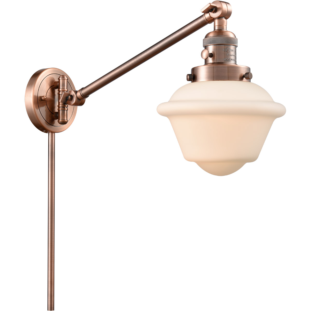 Innovations Lighting 237-AC-G531-LED Small Oxford 30 inch 3.5 watt Antique Copper Swing Arm Wall Light in Matte White Glass, Franklin Restoration