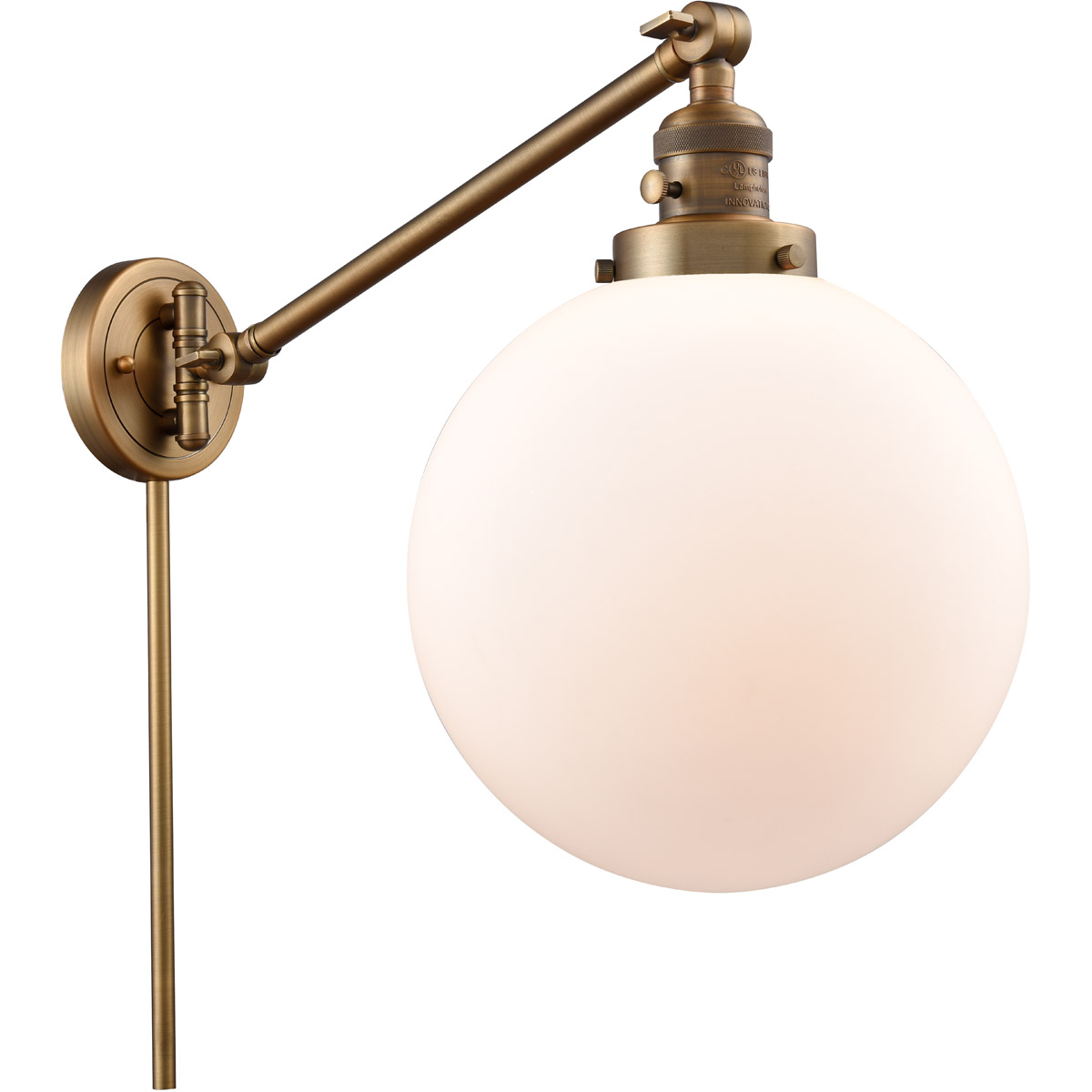 Innovations Lighting 237-BB-G201-10-LED X-Large Beacon 18 inch 3.5 watt Brushed Brass Swing Arm Wall Light in Matte White Glass, Franklin Restoration