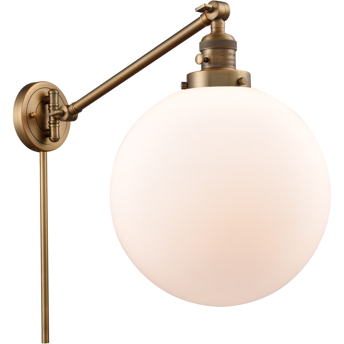 Innovations Lighting 237-BB-G201-12-LED XX-Large Beacon 20 inch 100 watt Brushed Brass Swing Arm Wall Light in Matte White Glass, Franklin Restoration