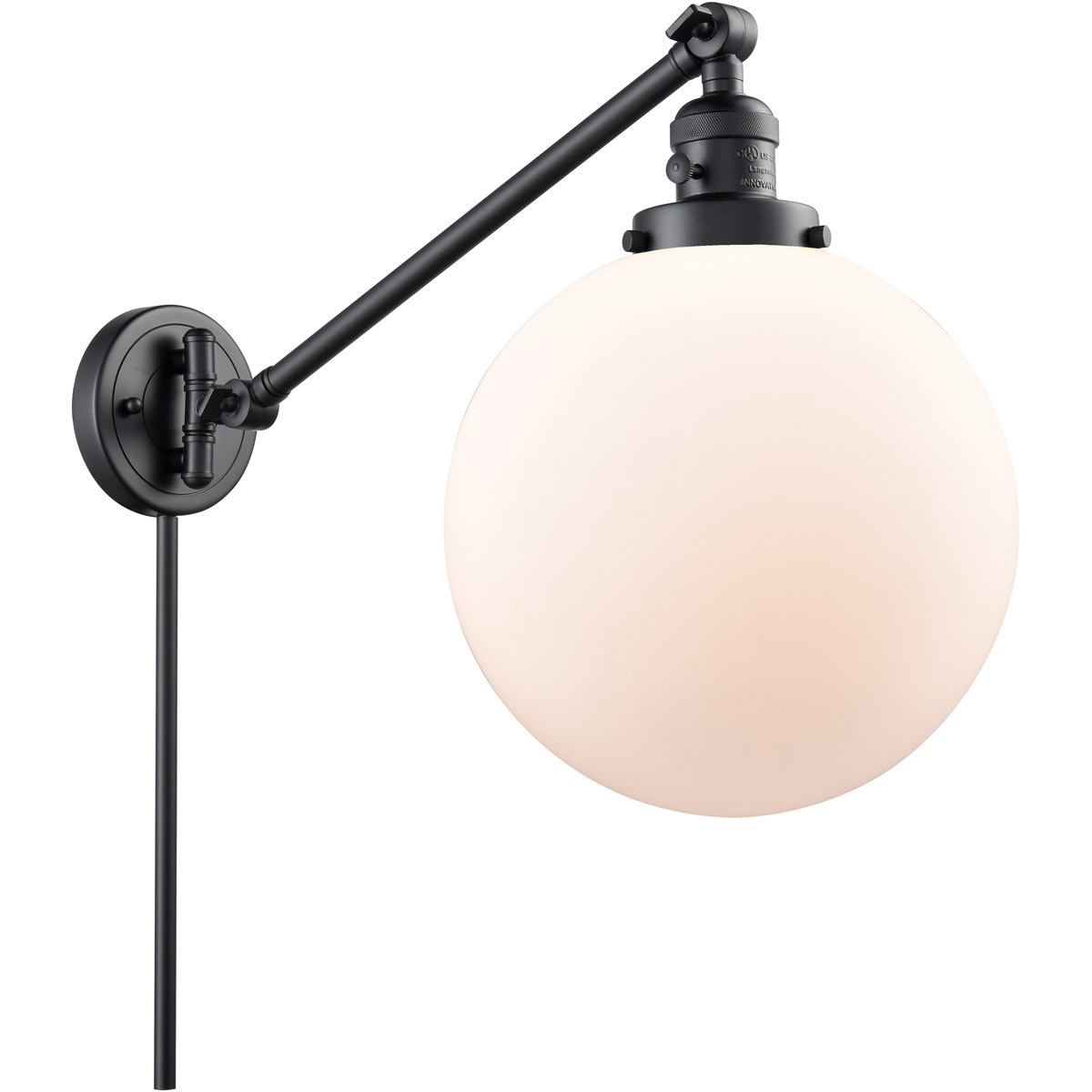 Innovations Lighting 237-BK-G201-10-LED X-Large Beacon 18 inch 3.5 watt Matte Black Swing Arm Wall Light in Matte White Glass, Franklin Restoration