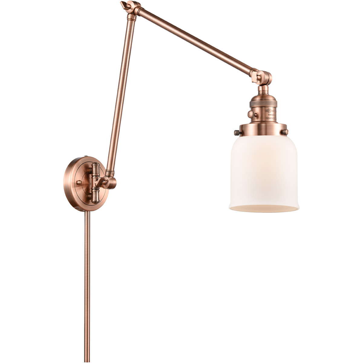 Innovations Lighting 238-AC-G51 Small Bell 30 inch 60.00 watt Antique Copper Swing Arm Wall Light, Franklin Restoration