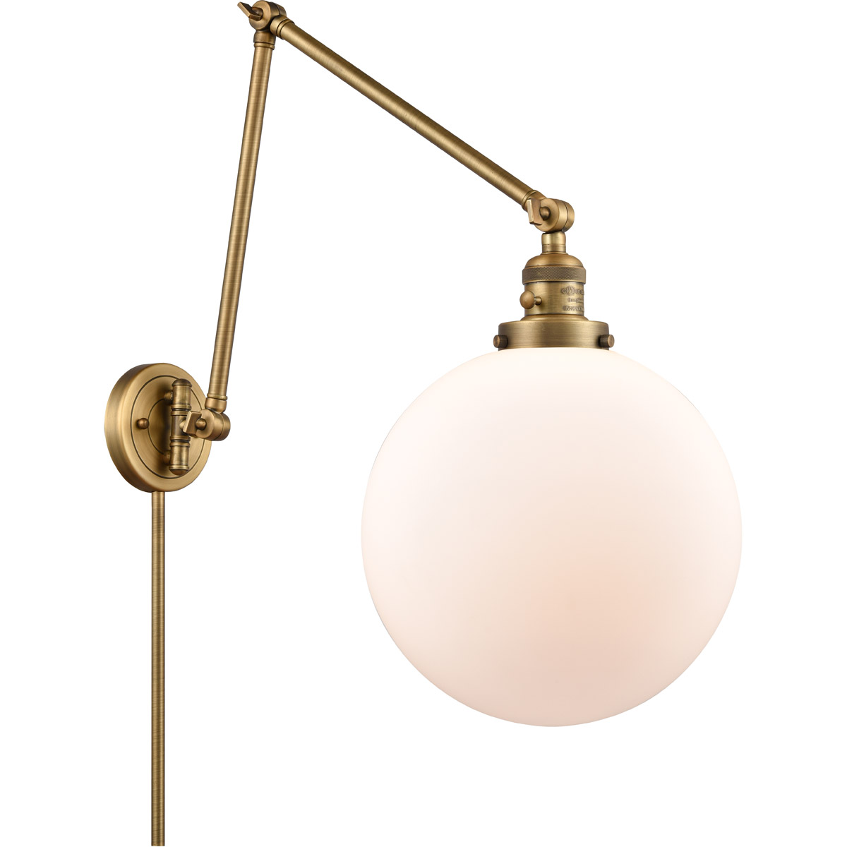 Innovations Lighting 238-BB-G201-12 XX-Large Beacon 34 inch 60 watt Brushed Brass Swing Arm Wall Light in Matte White Glass