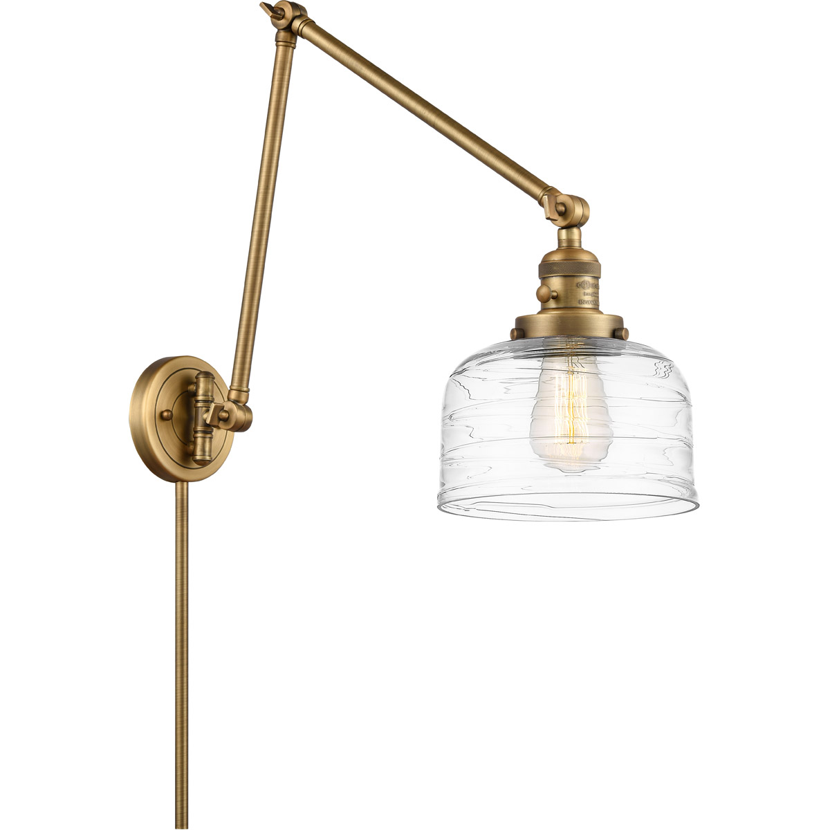 Innovations Lighting 238-BB-G713-LED Franklin Restoration Bell 30 inch 100 watt Brushed Brass Swing Arm Wall Light in Clear Deco Swirl Glass