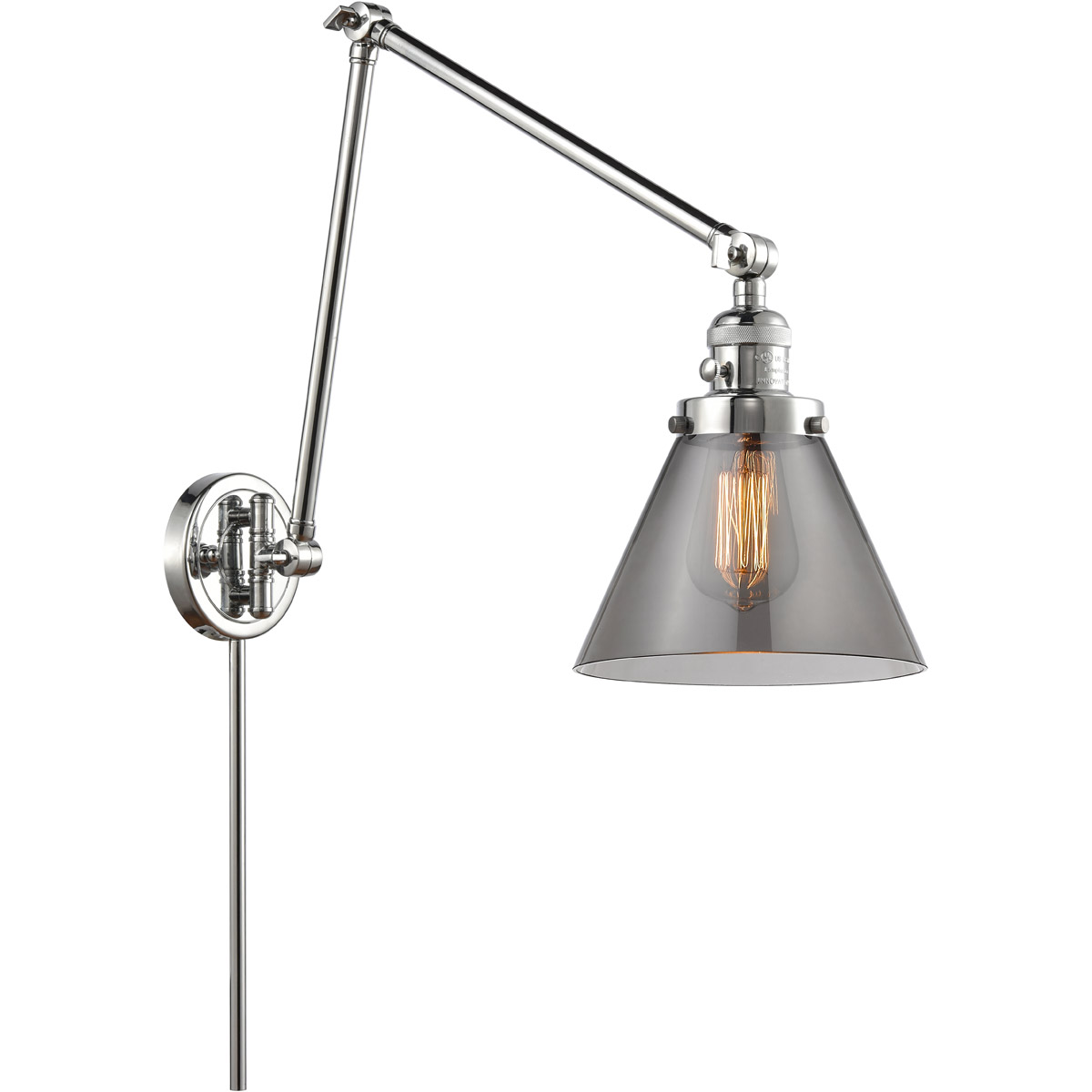 Innovations Lighting 238-PC-G43 Large Cone 30 inch 60 watt Polished Chrome Swing Arm Wall Light in Light Smoke Glass, Franklin Restoration