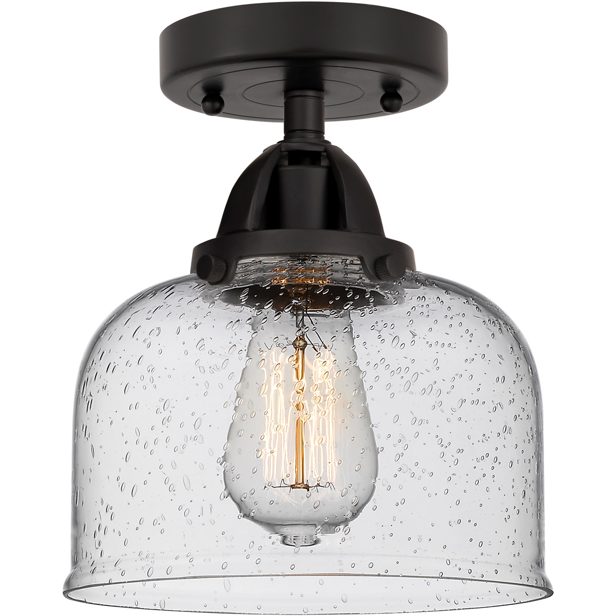 Innovations Lighting 288-1C-BK-G74-LED Nouveau 2 Large Bell LED 8 inch Matte Black Semi-Flush Mount Ceiling Light in Seedy Glass
