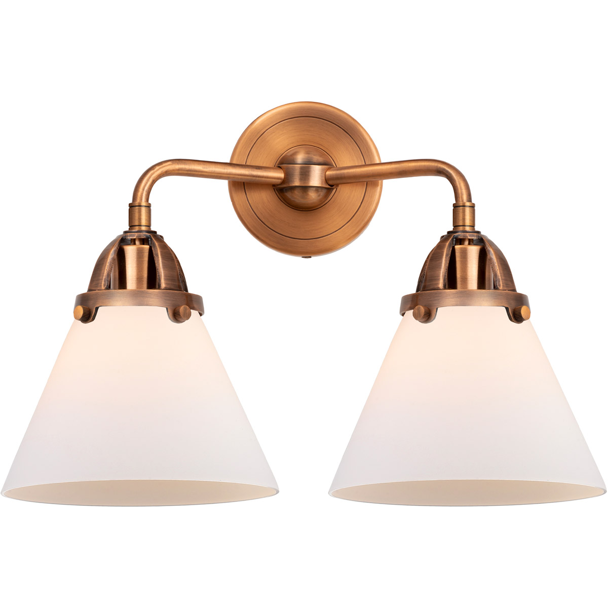 Innovations Lighting 288-2W-AC-G41-LED Nouveau 2 Large Cone LED 15.75 inch Antique Copper Bath Vanity Light Wall Light in Matte White Glass
