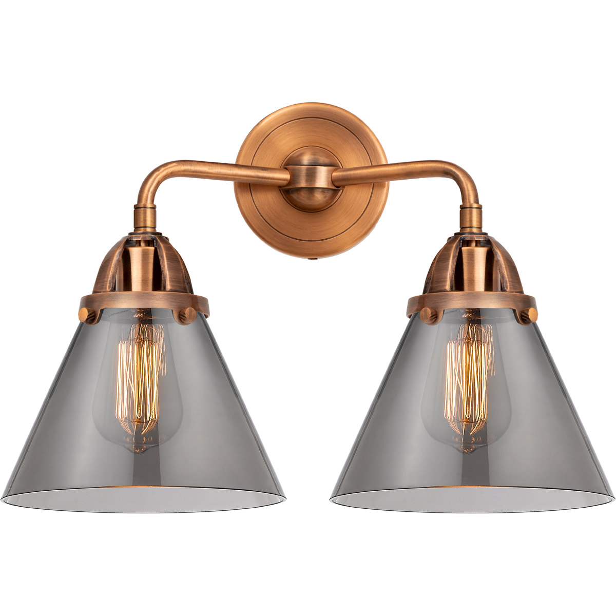Innovations Lighting 288-2W-AC-G43-LED Nouveau 2 Large Cone LED 15.75 inch Antique Copper Bath Vanity Light Wall Light in Light Smoke Glass