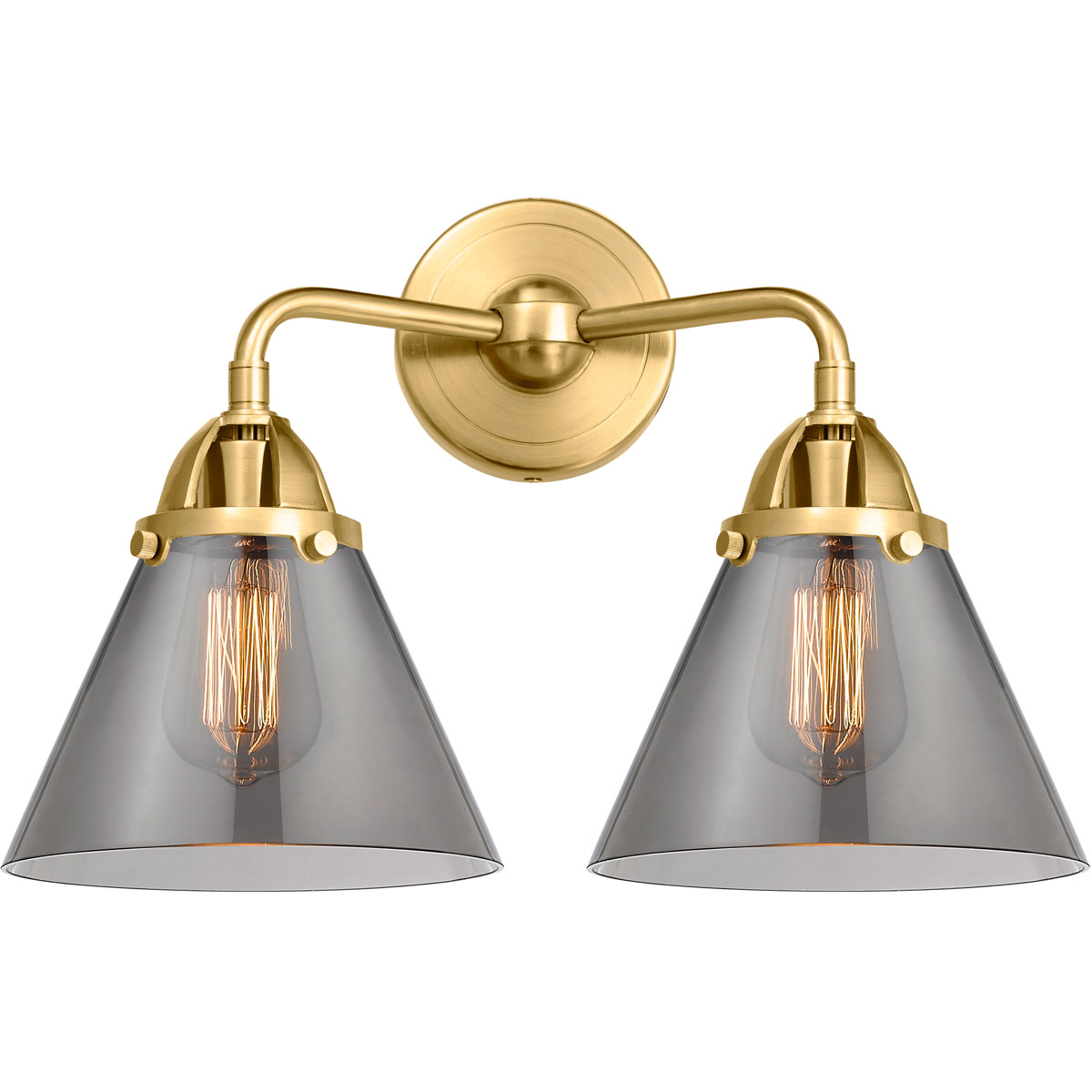 Innovations Lighting 288-2W-SG-G43-LED Nouveau 2 Large Cone LED 15.75 inch Satin Gold Bath Vanity Light Wall Light in Light Smoke Glass