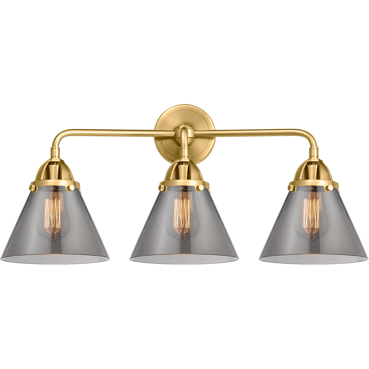 Innovations Lighting 288-3W-SG-G43-LED Nouveau 2 Large Cone LED 25.75 inch Satin Gold Bath Vanity Light Wall Light in Light Smoke Glass