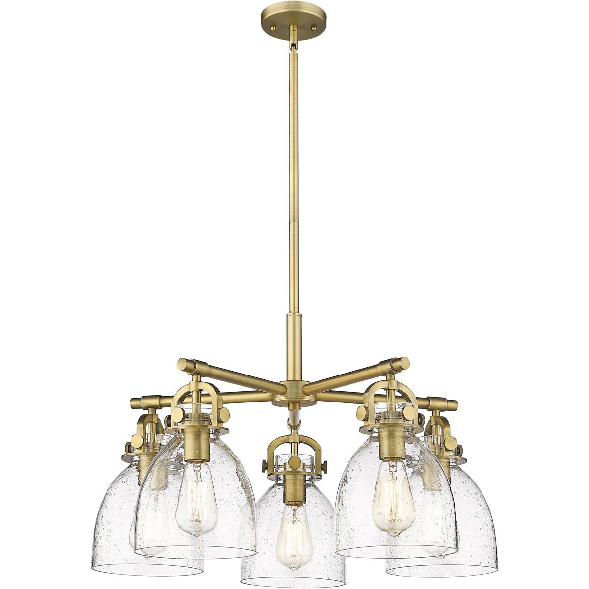 Innovations Lighting 410-5CR-BB-G412-7SDY Newton Bell 5 Light 26 inch Brushed Brass Chandelier Ceiling Light in Seedy Glass