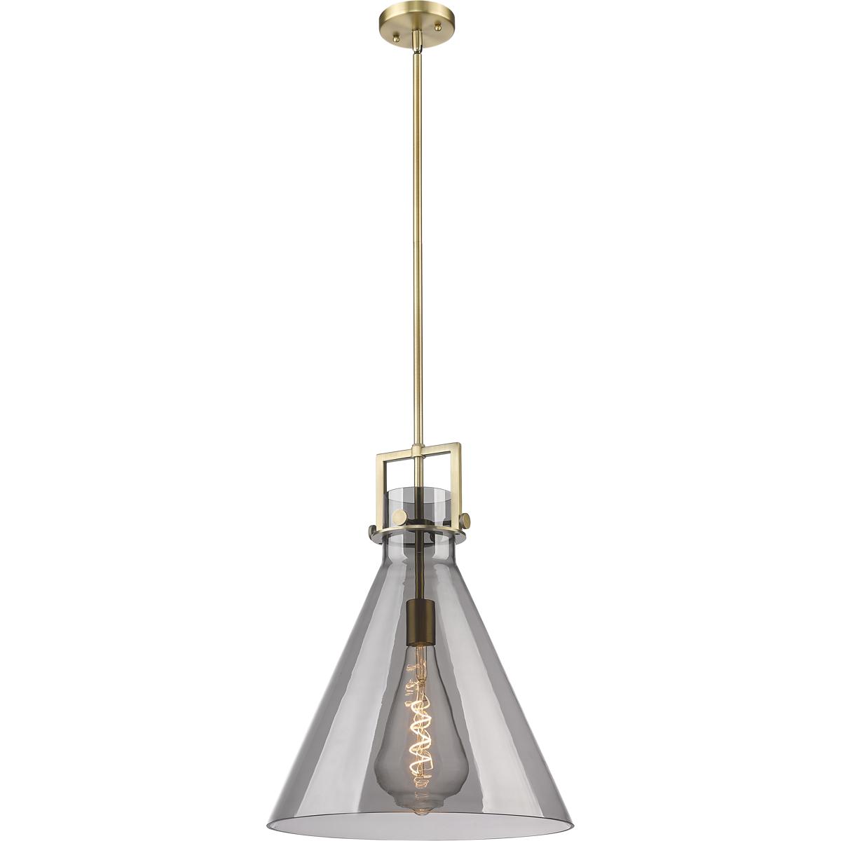 Innovations Lighting 411-1SL-BB-G411-16SM Newton Cone 1 Light 16 inch Brushed Brass Pendant Ceiling Light in Plated Smoke Glass