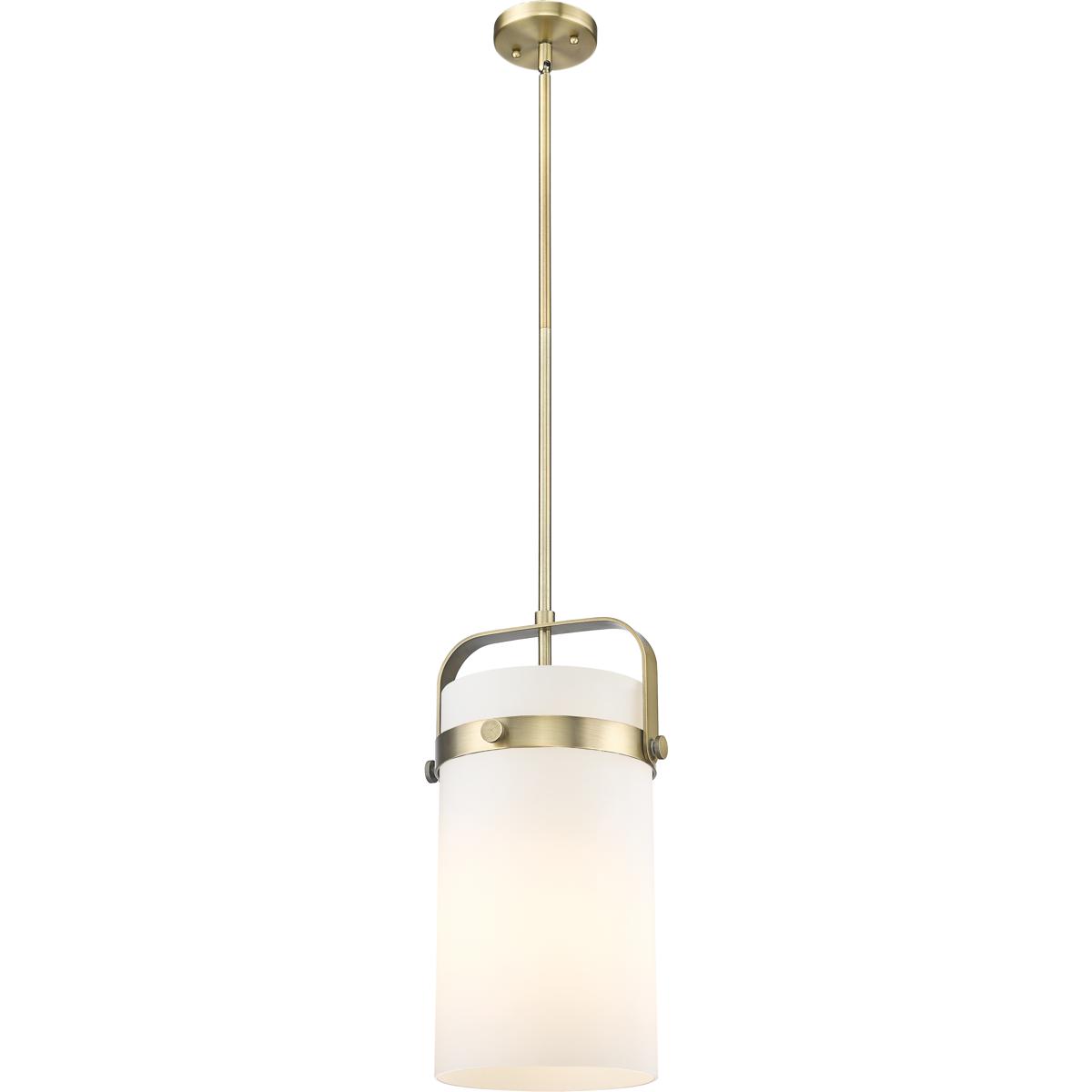 Innovations Lighting 413-1SM-BB-G413-1S-8WH Pilaster 1 Light 9.38 inch Brushed Brass Mini Pendant Ceiling Light in Matte White Glass