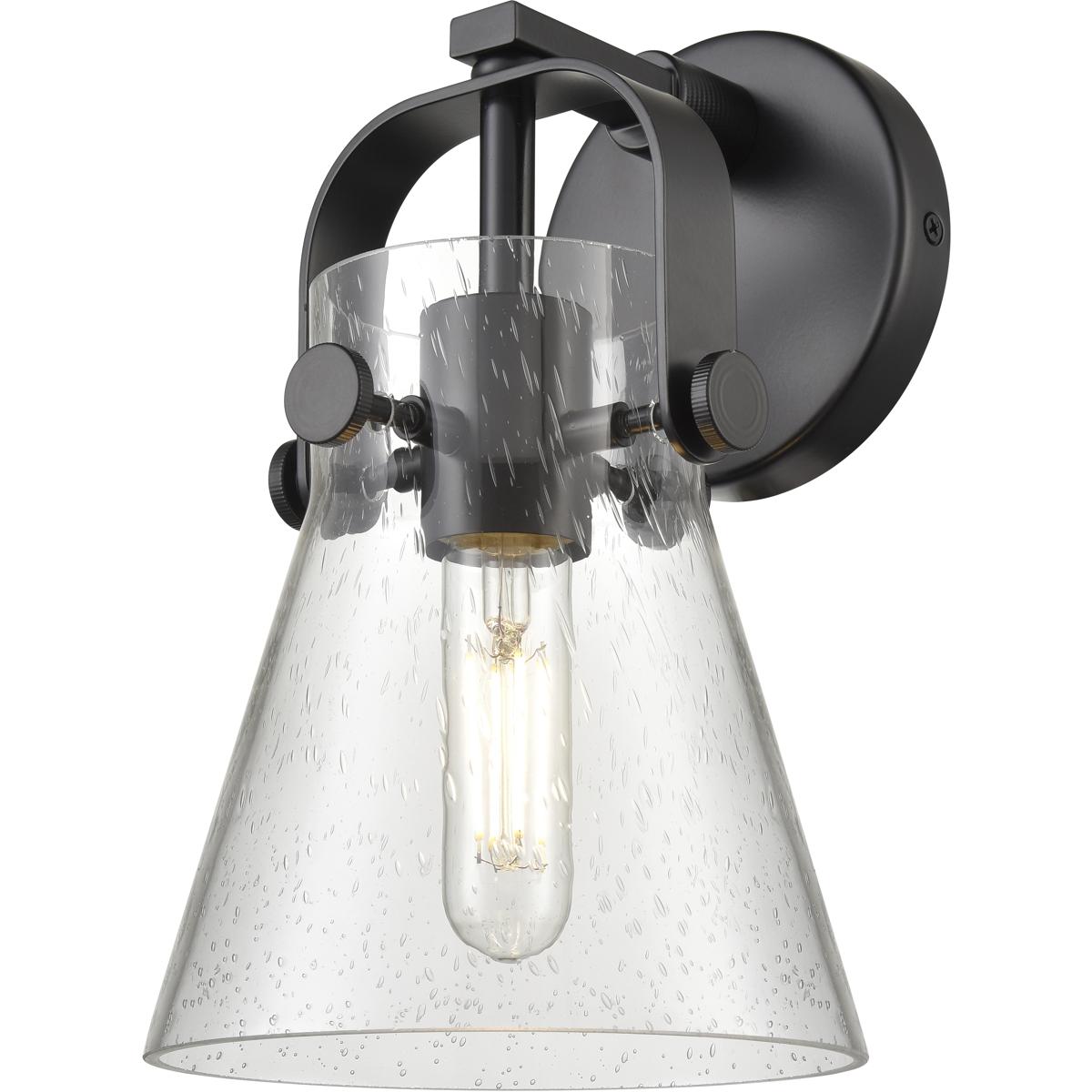 Innovations Lighting 423-1W-BK-G411-6SDY Pilaster II Cone Sconce Wall Light in Matte Black, Seedy Glass