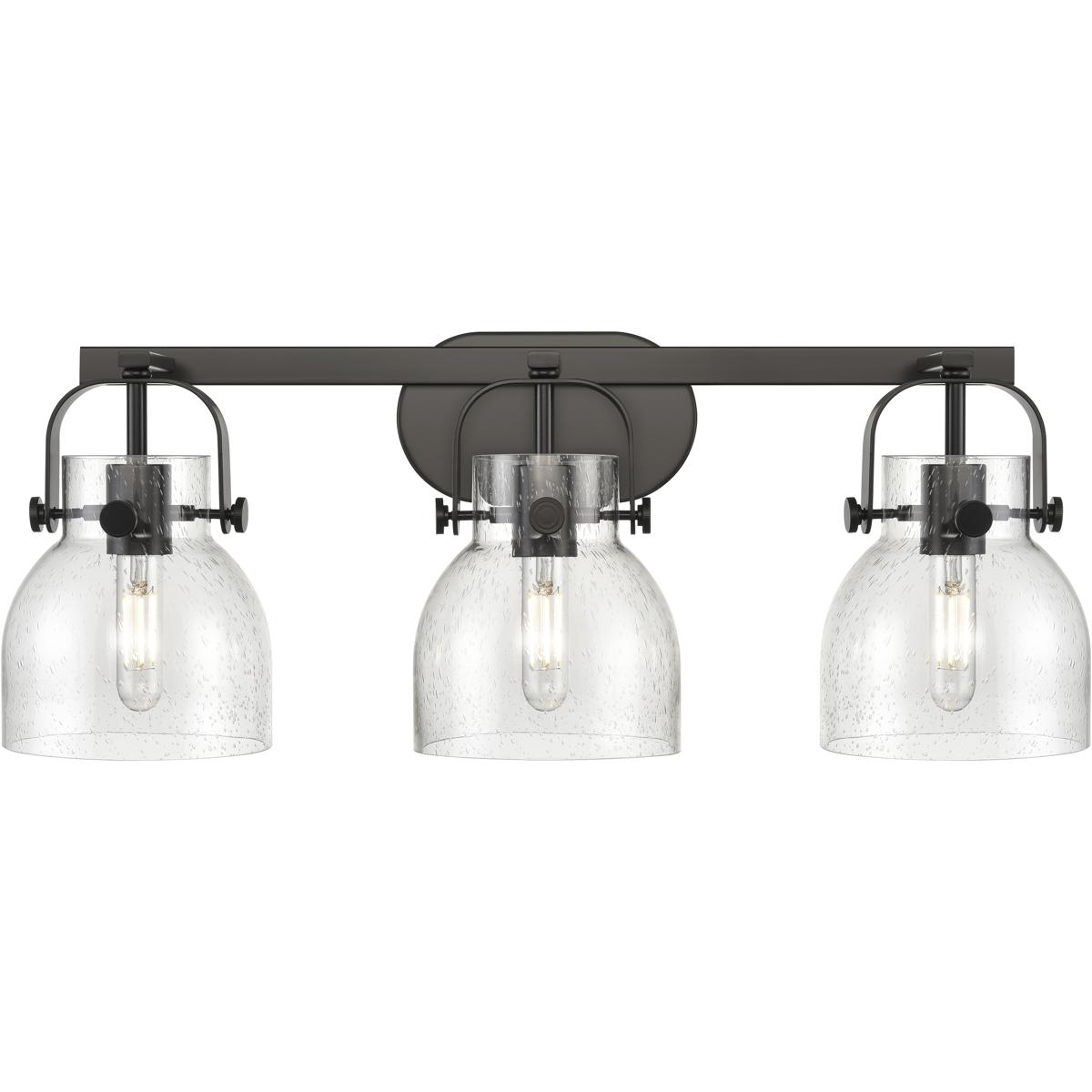 Innovations Lighting 423-3W-BK-G412-6SDY Pilaster II Bell 3 Light 26.5 inch Matte Black Bath Vanity Light Wall Light in Seedy Glass