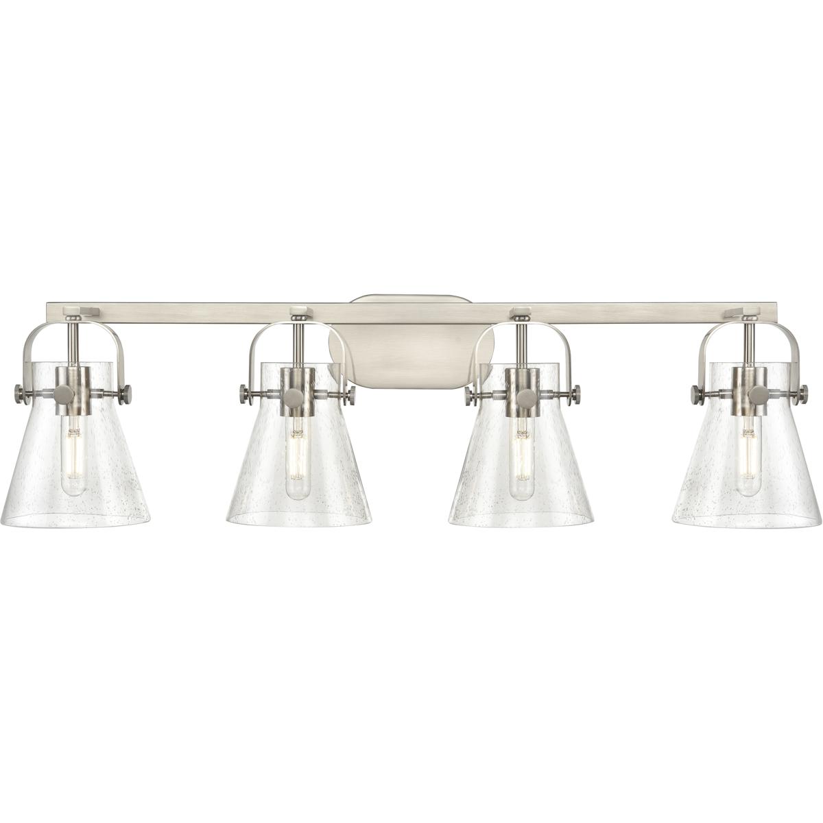 Innovations Lighting 423-4W-SN-G411-6SDY Pilaster II Cone 4 Light 36.5 inch Satin Nickel Bath Vanity Light Wall Light in Seedy Glass