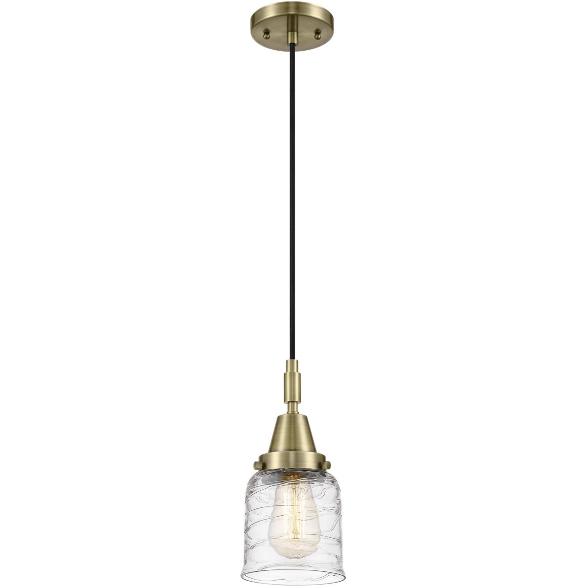 Innovations Lighting 447-1P-AB-G513 Bell 1 Light 5 inch Antique Brass Mini Pendant Ceiling Light in Clear Deco Swirl Glass