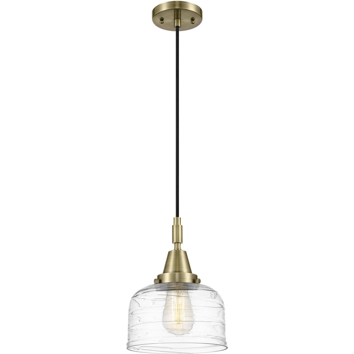 Innovations Lighting 447-1P-AB-G713 Bell 1 Light 8 inch Antique Brass Mini Pendant Ceiling Light in Clear Deco Swirl Glass