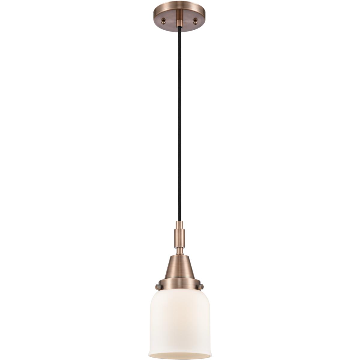 Innovations Lighting 447-1P-AC-G51 Bell 1 Light 5 inch Antique Copper Mini Pendant Ceiling Light in Matte White Glass