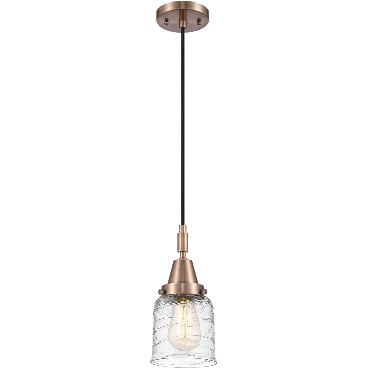 Innovations Lighting 447-1P-AC-G513 Bell 1 Light 5 inch Antique Copper Mini Pendant Ceiling Light in Clear Deco Swirl Glass