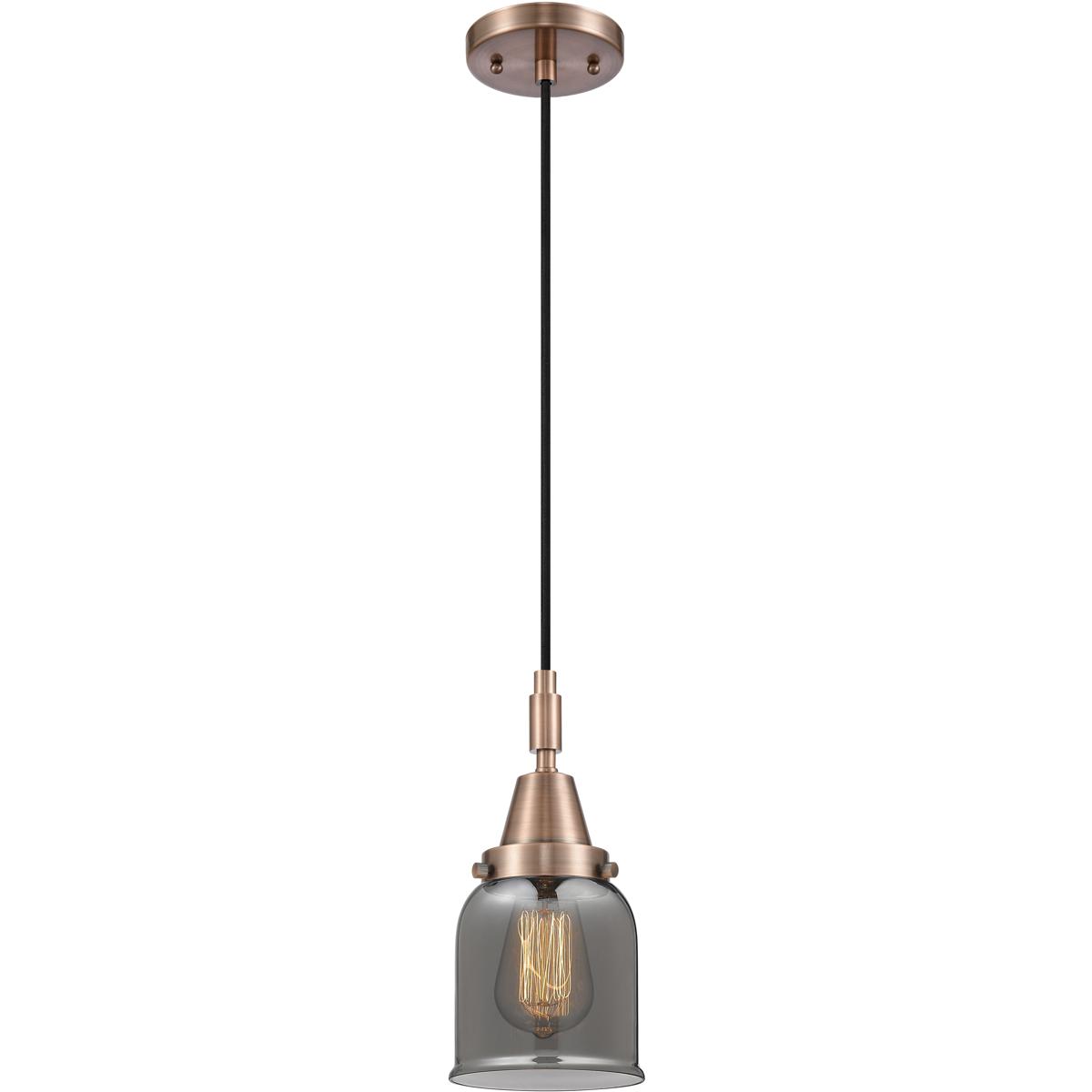 Innovations Lighting 447-1P-AC-G53 Bell 1 Light 5 inch Antique Copper Mini Pendant Ceiling Light in Light Smoke Glass