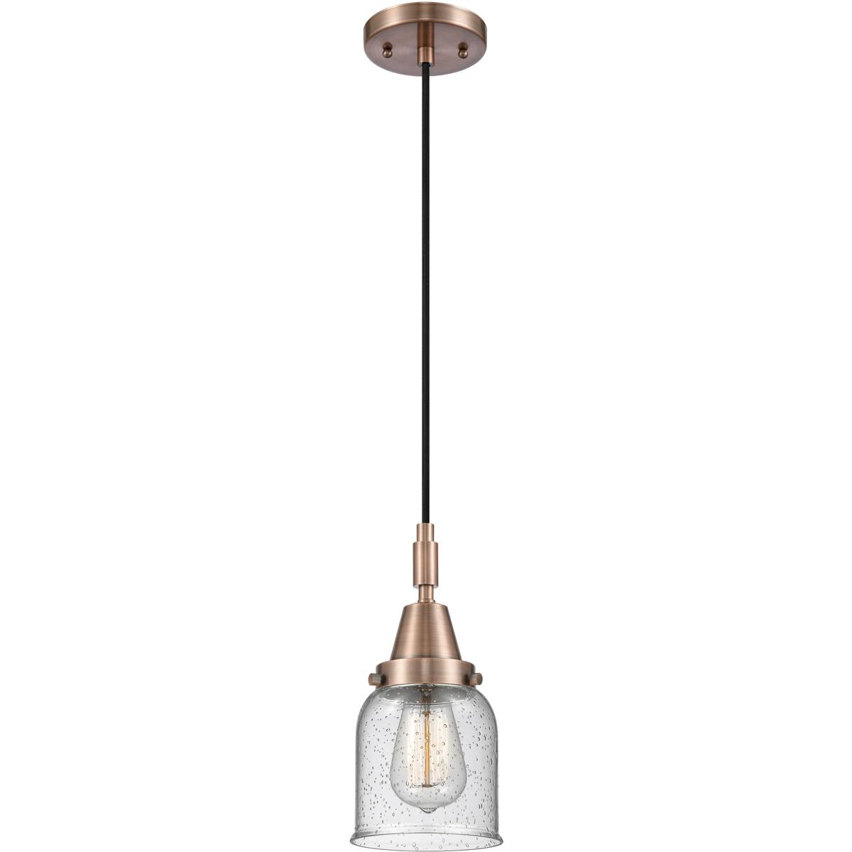 Innovations Lighting 447-1P-AC-G54 Bell 1 Light 5 inch Antique Copper Mini Pendant Ceiling Light in Seedy Glass