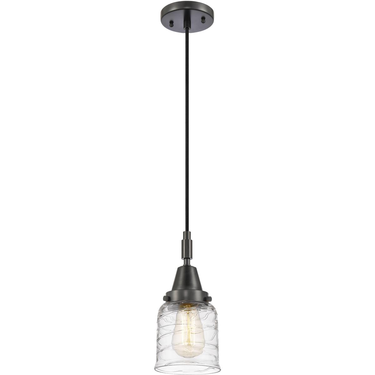 Innovations Lighting 447-1P-BK-G513 Bell 1 Light 5 inch Matte Black Mini Pendant Ceiling Light in Clear Deco Swirl Glass