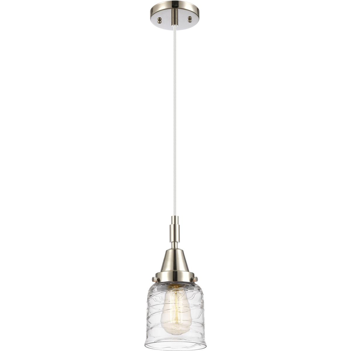 Innovations Lighting 447-1P-PN-G513 Bell 1 Light 5 inch Polished Nickel Mini Pendant Ceiling Light in Clear Deco Swirl Glass