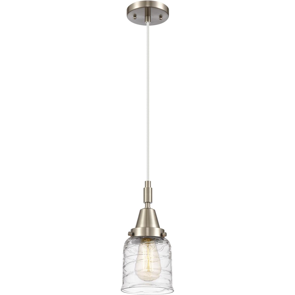 Innovations Lighting 447-1P-SN-G513 Bell 1 Light 5 inch Brushed Satin Nickel Mini Pendant Ceiling Light in Clear Deco Swirl Glass
