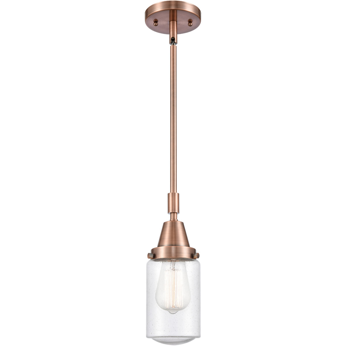 Innovations Lighting 447-1S-AC-G314-LED Franklin Restoration Dover LED 5 inch Antique Copper Mini Pendant Ceiling Light in Seedy Glass