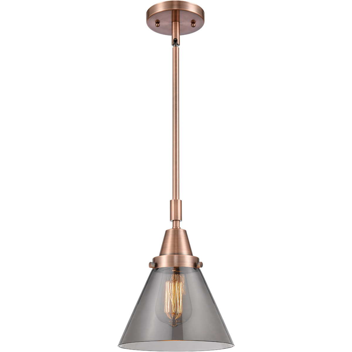 Innovations Lighting 447-1S-AC-G43 Franklin Restoration Large Cone 1 Light 8 inch Antique Copper Mini Pendant Ceiling Light in Light Smoke Glass