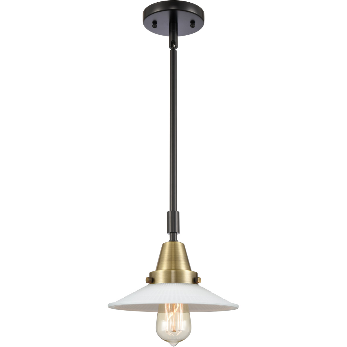 Innovations Lighting 447-1S-BAB-G1-LED Franklin Restoration Halophane LED 8.5 inch Black Antique Brass Mini Pendant Ceiling Light in Matte White Halop
