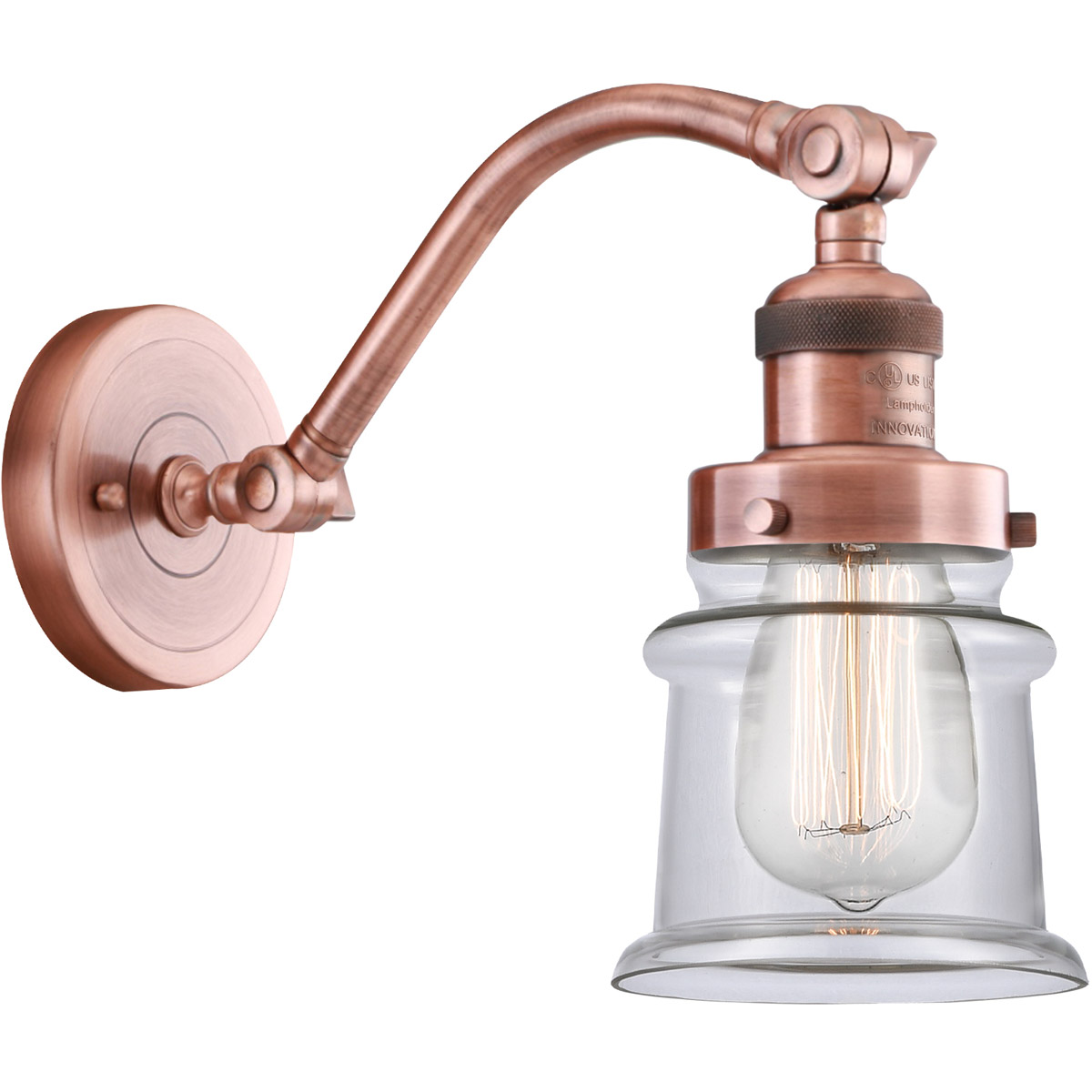 Innovations Lighting 515-1W-AC-G182S-LED Franklin Restoration Small Canton LED 6.5 inch Antique Copper Sconce Wall Light in Clear Glass, Franklin Rest