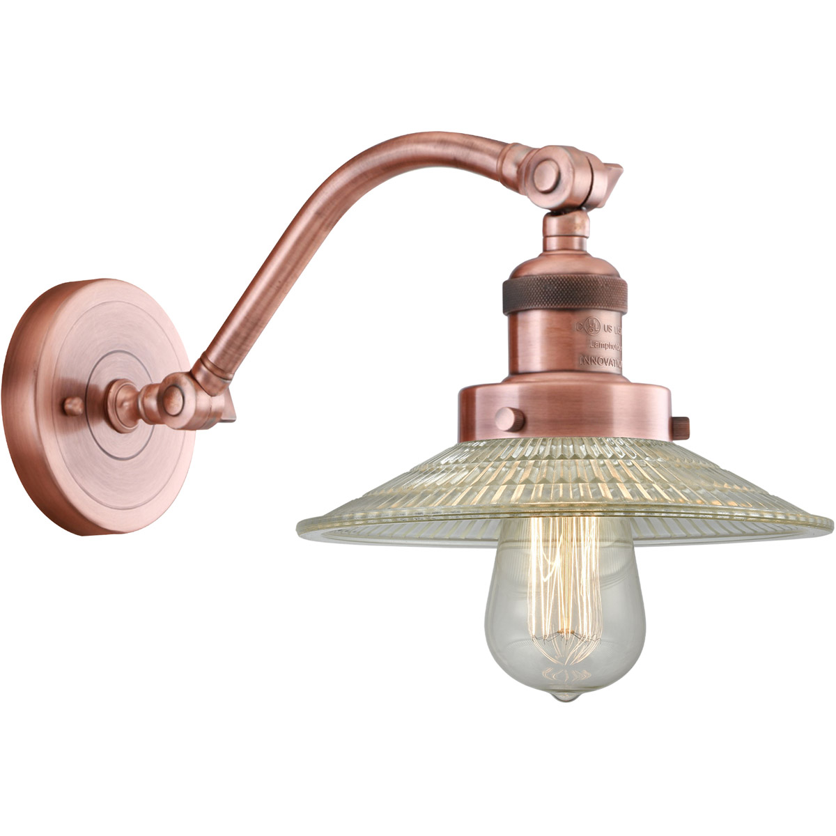 Innovations Lighting 515-1W-AC-G2-LED Franklin Restoration Halophane LED 9 inch Antique Copper Sconce Wall Light in Clear Halophane Glass, Franklin Re