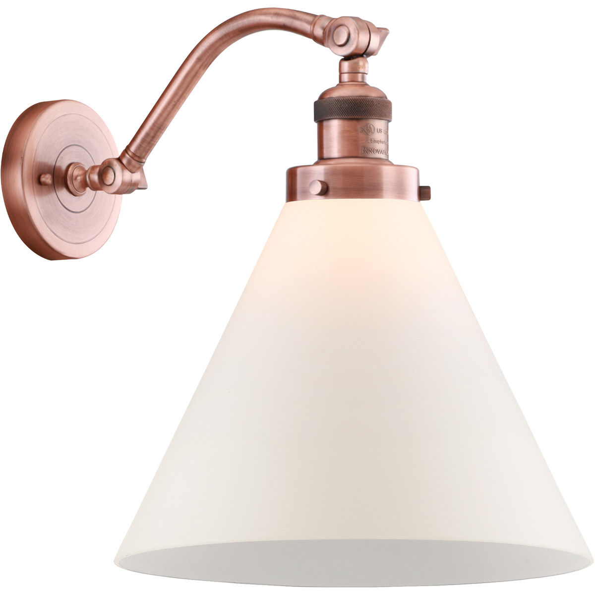 Innovations Lighting 515-1W-AC-G41-L Franklin Restoration X-Large Cone 1 Light 12 inch Antique Copper Sconce Wall Light in Matte White Glass, Franklin