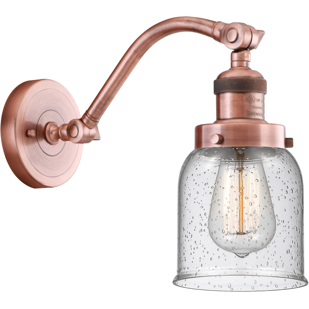 Innovations Lighting 515-1W-AC-G54-LED Franklin Restoration Small Bell LED 5 inch Antique Copper Sconce Wall Light in Seedy Glass, Franklin Restoratio