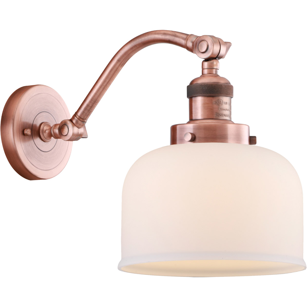 Innovations Lighting 515-1W-AC-G71 Franklin Restoration Large Bell 1 Light 8 inch Antique Copper Sconce Wall Light in Matte White Glass, Franklin Rest