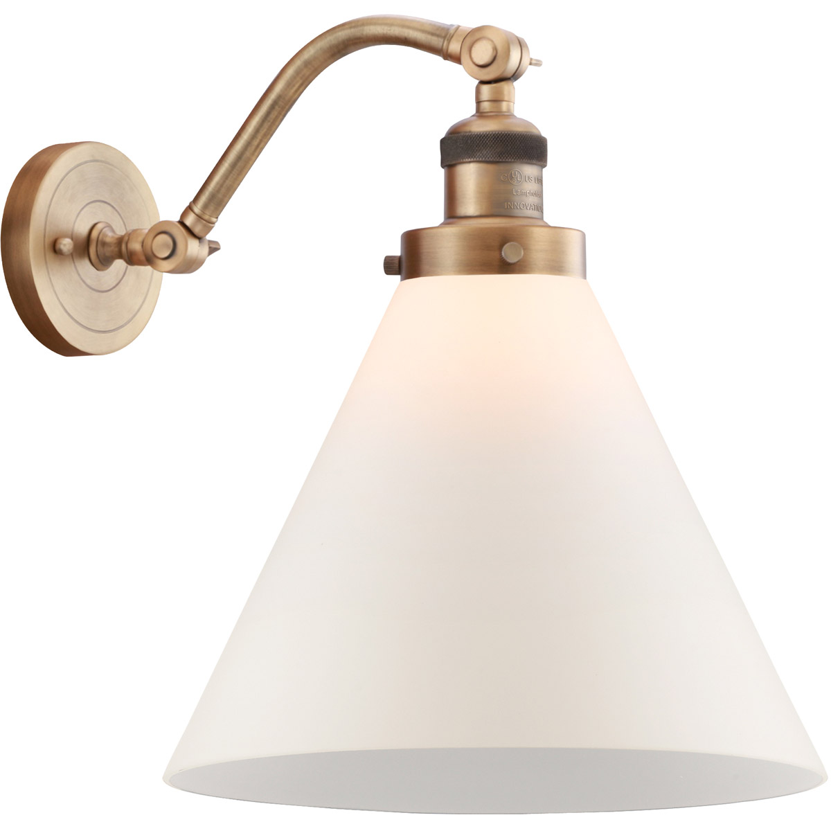 Innovations Lighting 515-1W-BB-G41-L Franklin Restoration X-Large Cone 1 Light 12 inch Brushed Brass Sconce Wall Light in Matte White Glass, Franklin