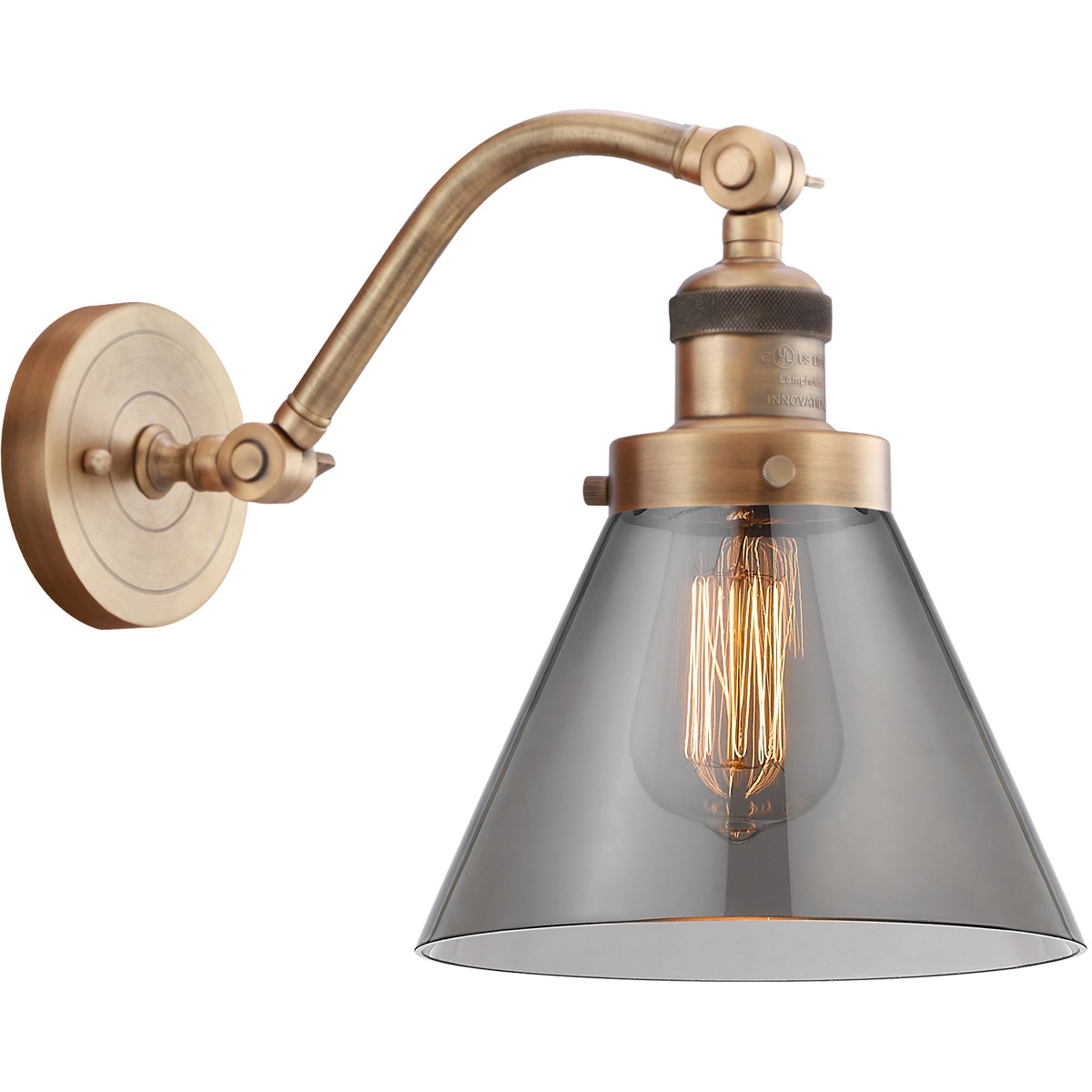 Innovations Lighting 515-1W-BB-G43-LED Franklin Restoration Large Cone LED 8 inch Brushed Brass Sconce Wall Light in Plated Smoke Glass, Franklin Rest