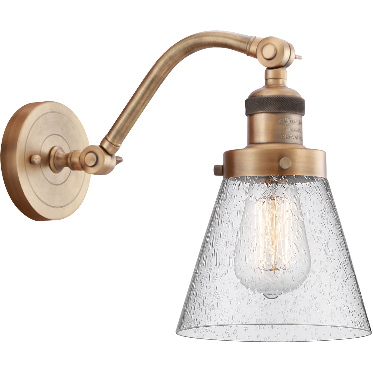 Innovations Lighting 515-1W-BB-G64-LED Franklin Restoration Small Cone LED 7 inch Brushed Brass Sconce Wall Light in Seedy Glass, Franklin Restoration
