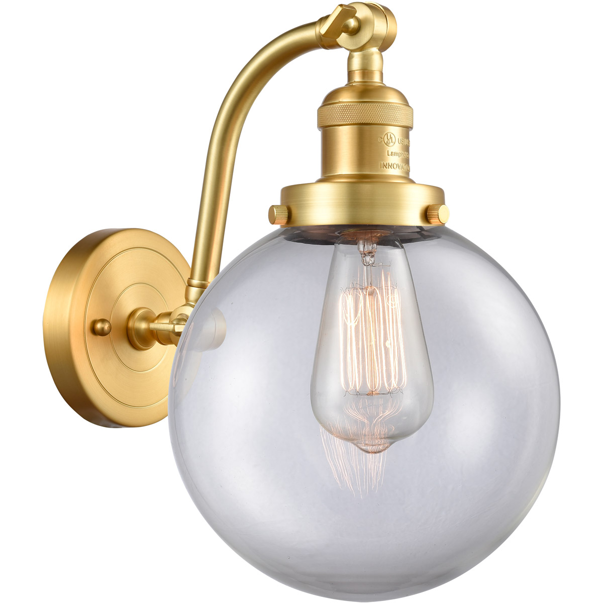 Innovations Lighting 515-1W-SG-G202-8 Franklin Restoration Large Beacon 1 Light 8 inch Satin Gold Sconce Wall Light in Clear Glass, Franklin Restorati