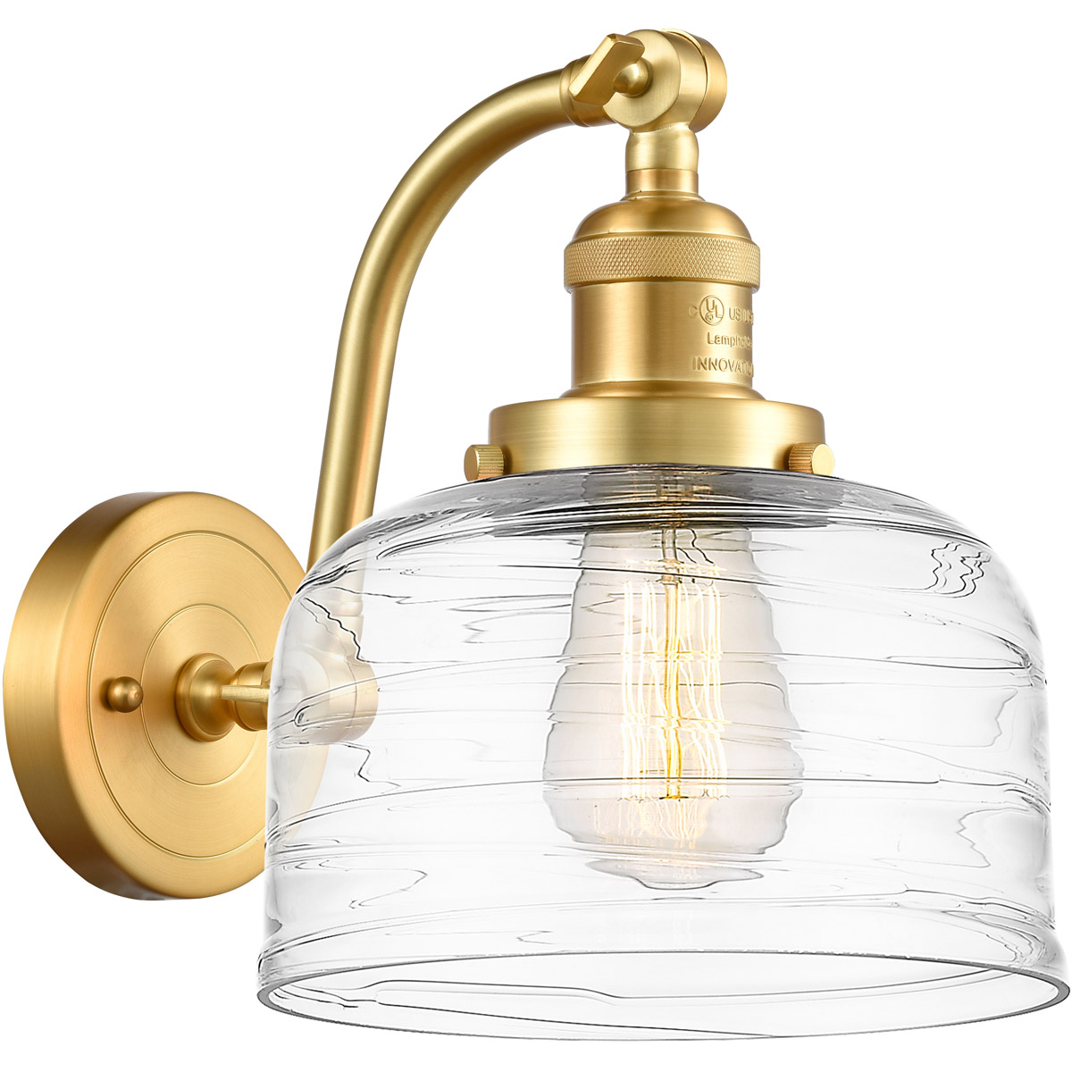 Innovations Lighting 515-1W-SG-G713-LED Franklin Restoration Bell LED 8 inch Satin Gold Sconce Wall Light in Clear Deco Swirl Glass