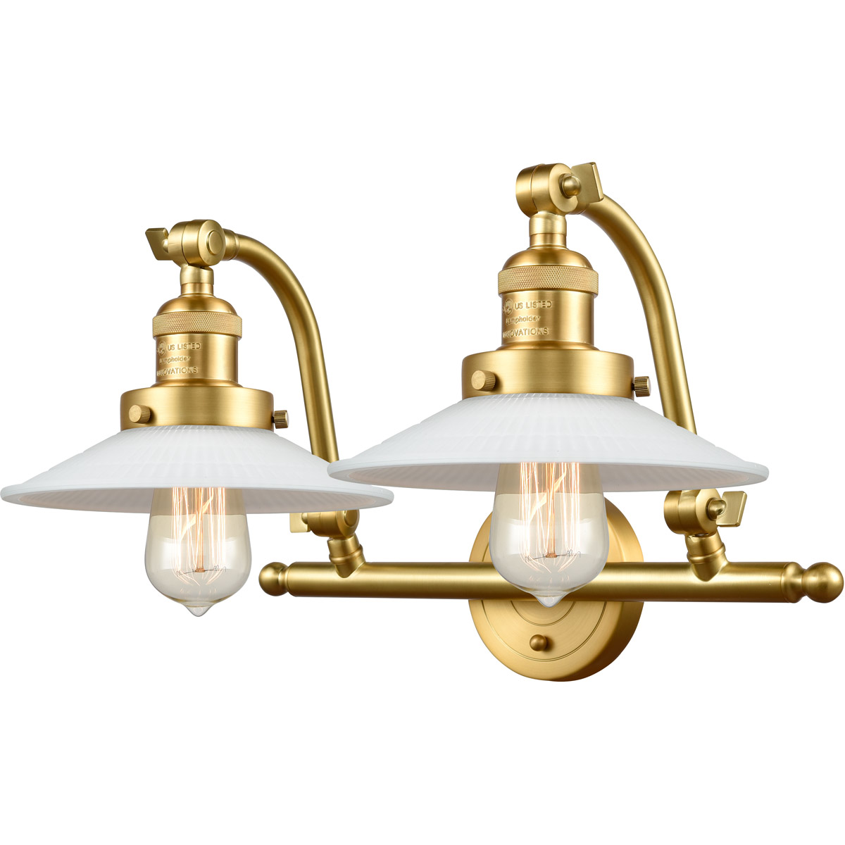Innovations Lighting 515-2W-SG-G1 Franklin Restoration Halophane 2 Light 18 inch Satin Gold Bath Vanity Light Wall Light in Matte White Halophane Glas