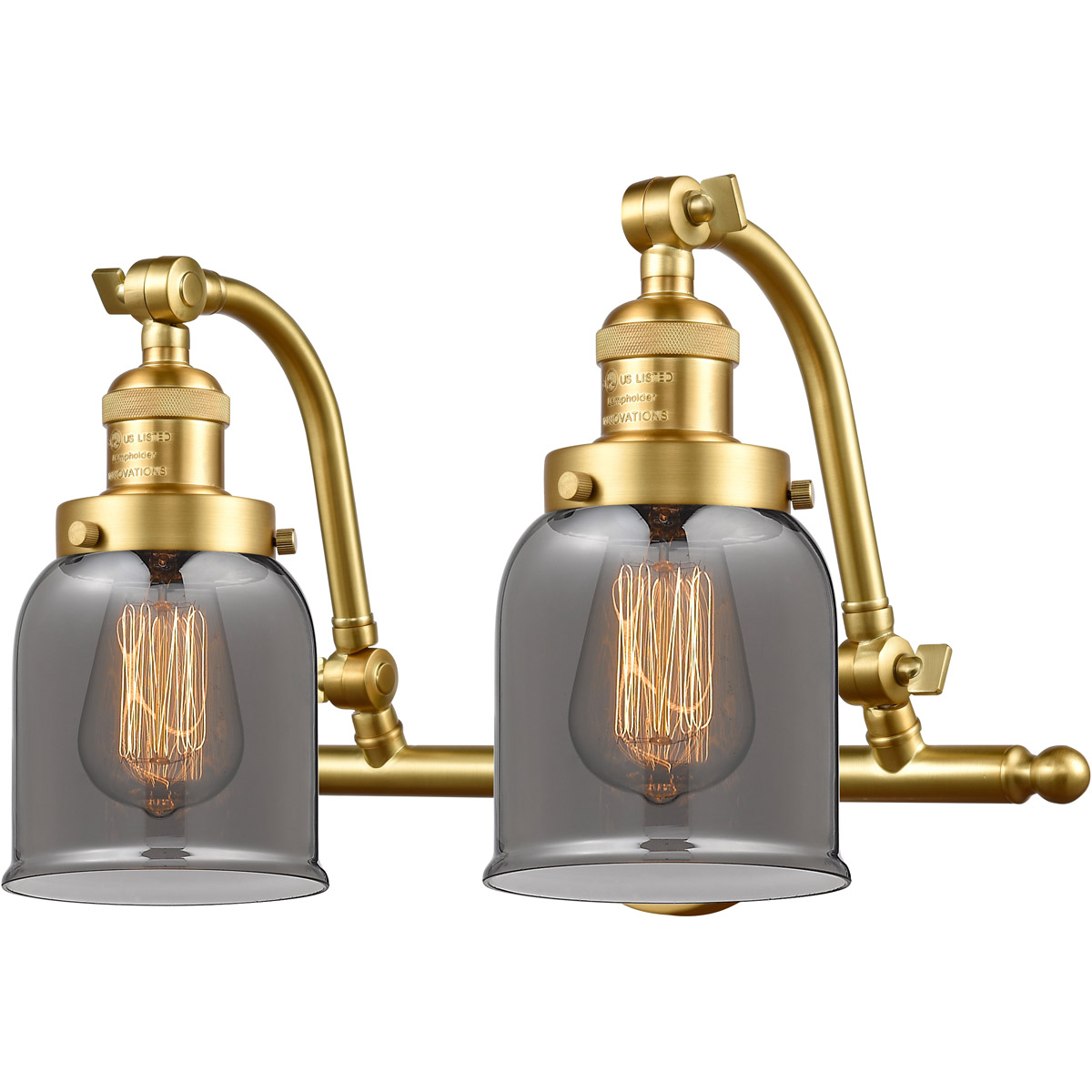 Innovations Lighting 515-2W-SG-G53 Franklin Restoration Small Bell 2 Light 18 inch Satin Gold Bath Vanity Light Wall Light in Plated Smoke Glass, Fran